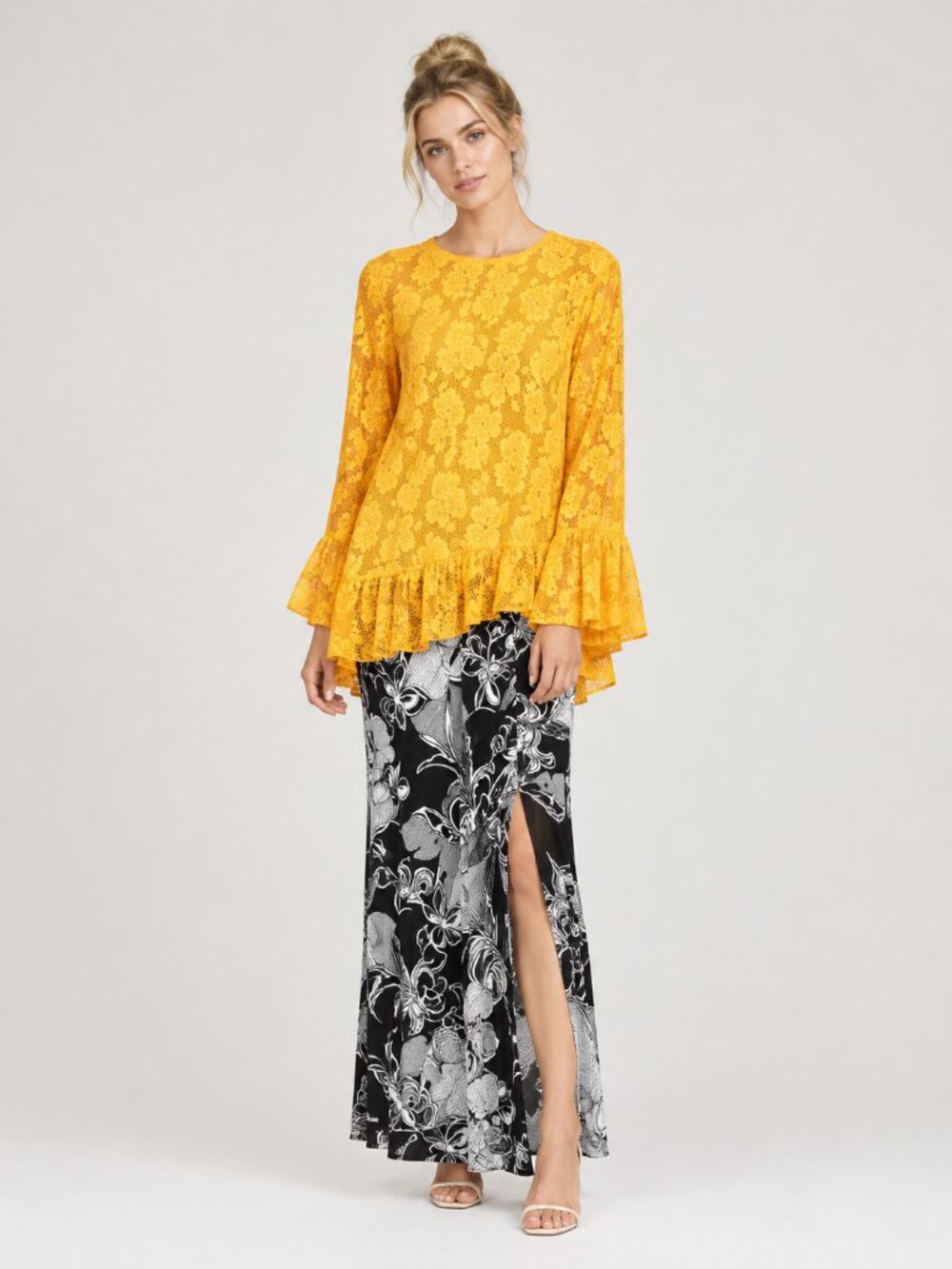 2/$30 ZARA Flowy Ruffle Lace Blouse Small Rich Gold Long Sleeve High Low #7022